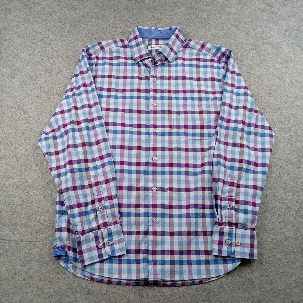 Tommy Bahama Shirt Mens Small Blue Plaid Stretch Button Front Long Sleeve Casual